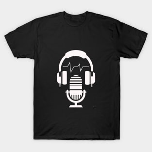 Retro headphones and microphone, white heartbeat pattern T-Shirt